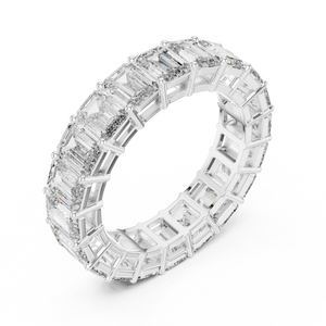 White gold emerald cut lab grown diamond full eternity band, side view
