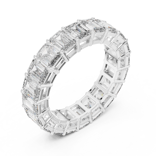 White gold emerald cut lab grown diamond full eternity band, side view