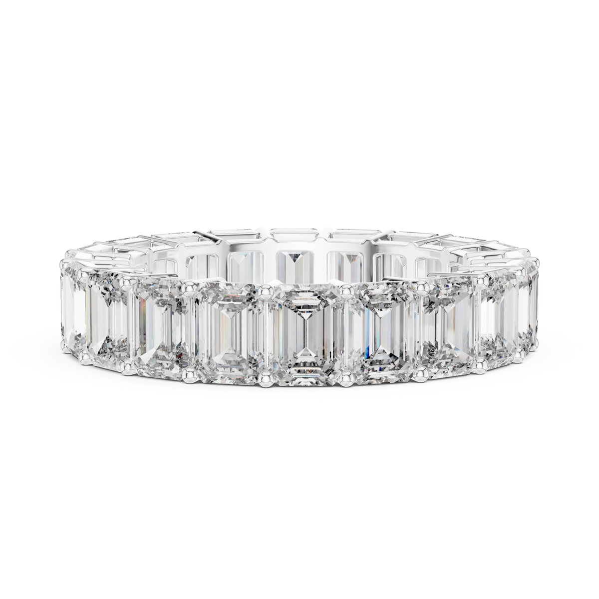 White gold emerald cut lab grown diamond full eternity band, close-up view