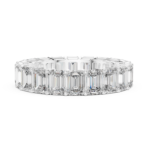White gold emerald cut lab grown diamond full eternity band, close-up view