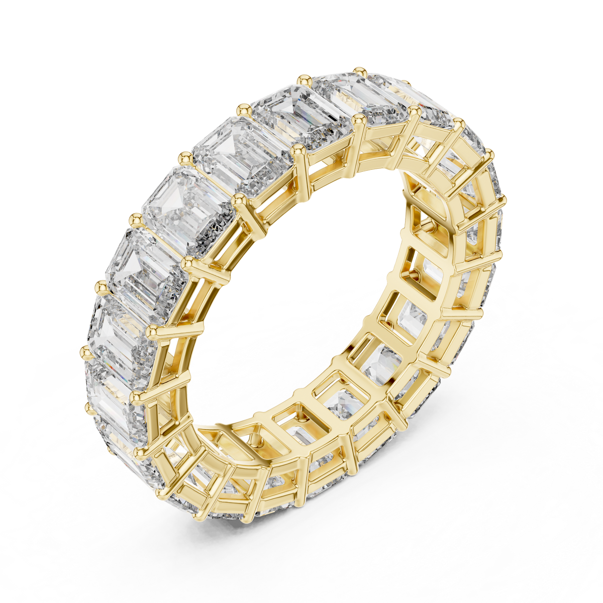 Yellow gold emerald cut lab grown diamond full eternity band, side view
