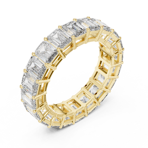 Yellow gold emerald cut lab grown diamond full eternity band, side view