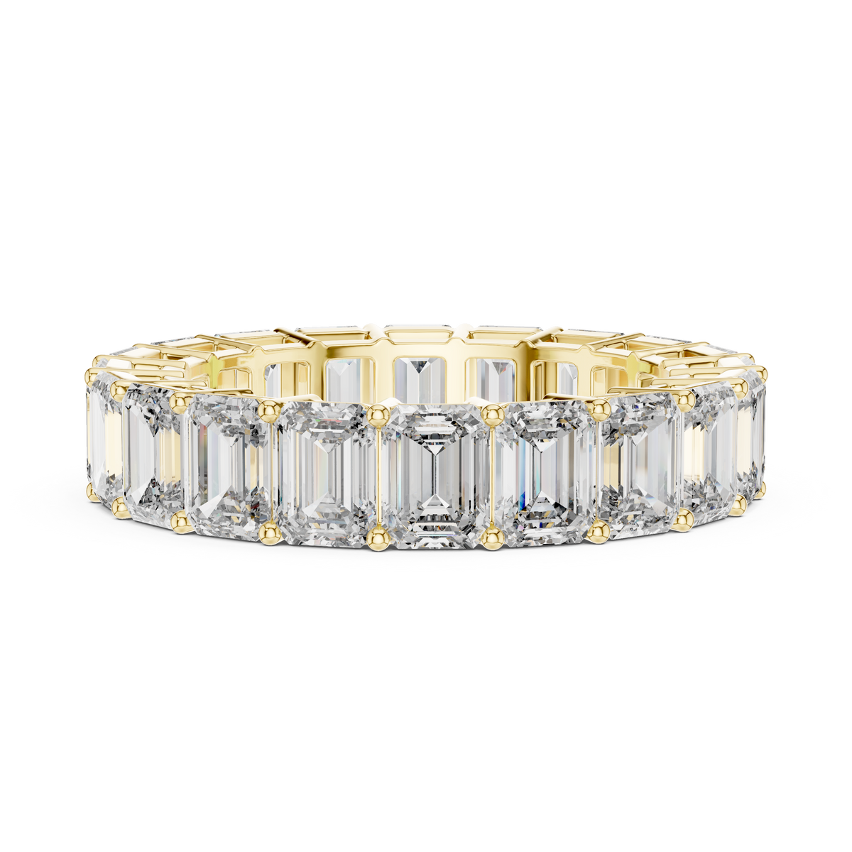 Yellow gold emerald cut lab grown diamond full eternity band, close-up view