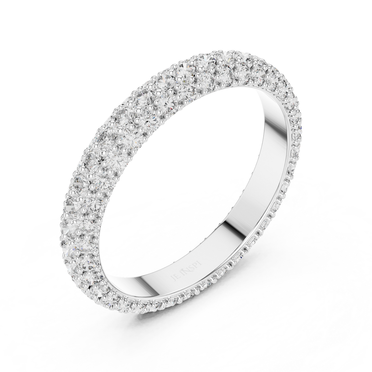 White gold round pave lab grown diamond eternity band, side view