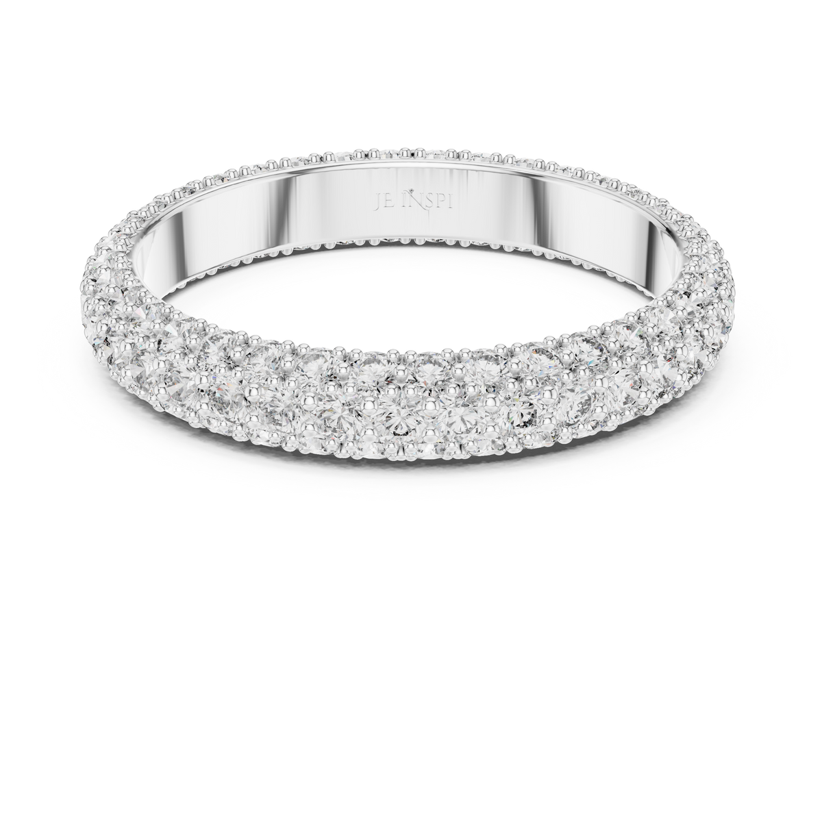White gold round pave lab grown diamond eternity band, angled view