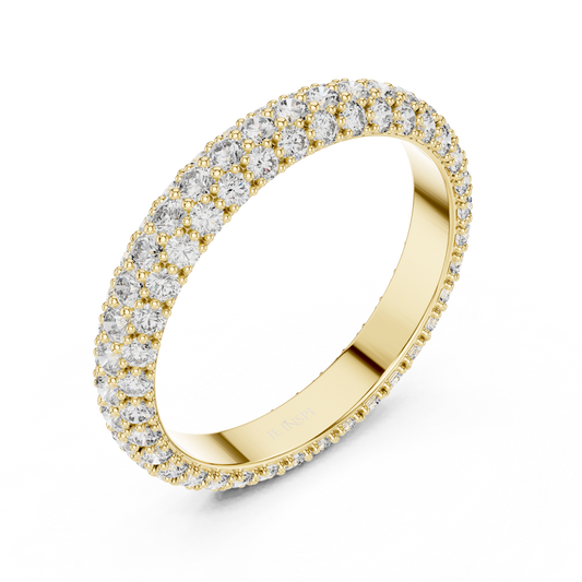 Yellow gold round pave lab grown diamond eternity band, side view