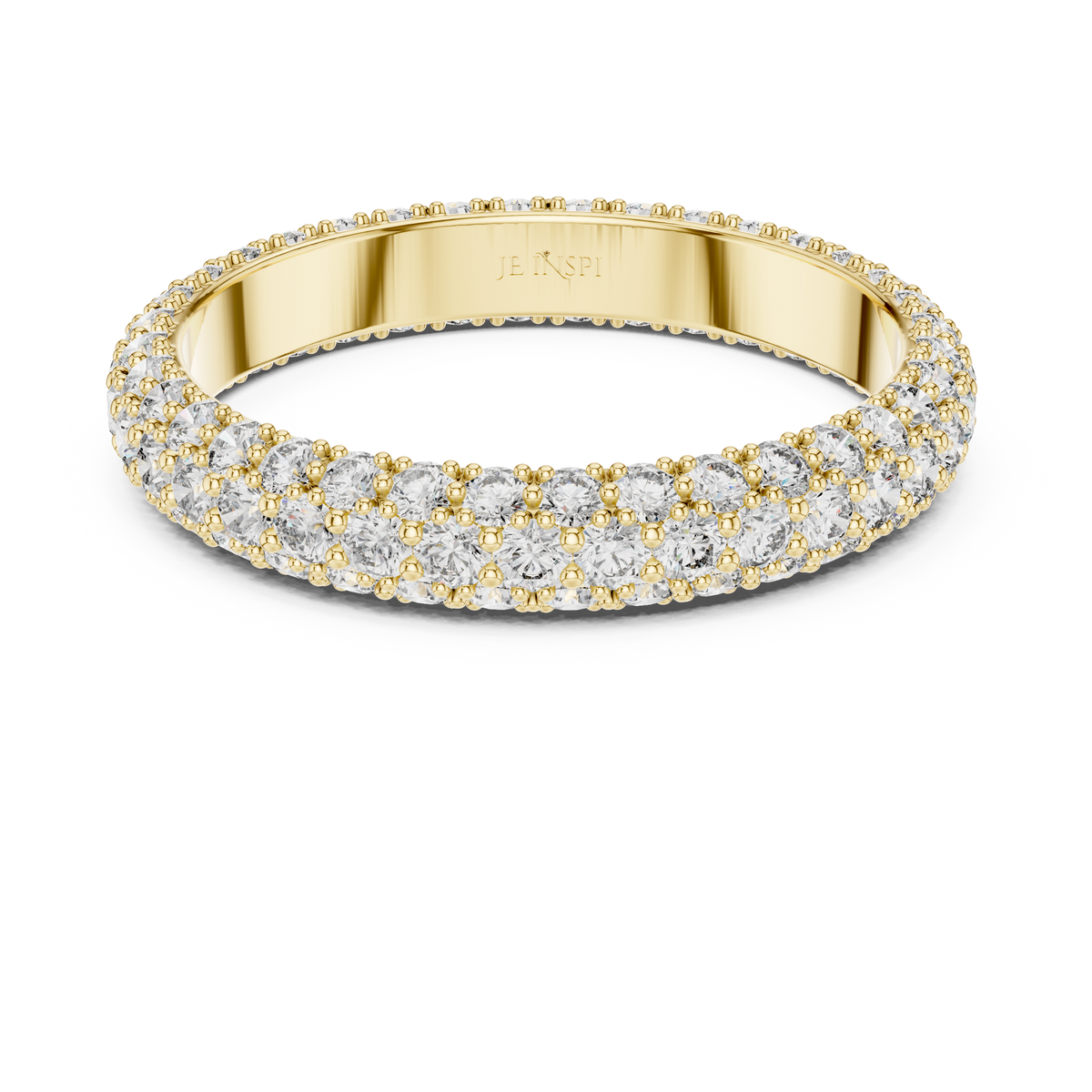 Yellow gold round pave lab grown diamond eternity band, angled view