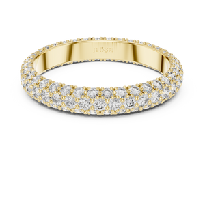 Yellow gold round pave lab grown diamond eternity band, angled view