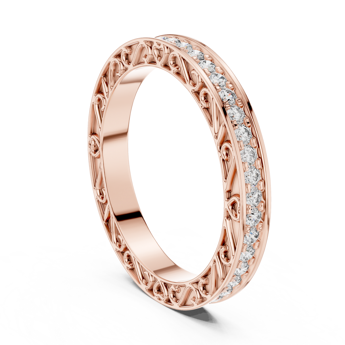 Rose gold 0.5 CTW round filigree lab grown diamond eternity wedding band, front view