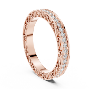 Rose gold 0.5 CTW round filigree lab grown diamond eternity wedding band, front view