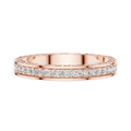 Rose gold round filigree lab grown diamond eternity wedding band, close-up view