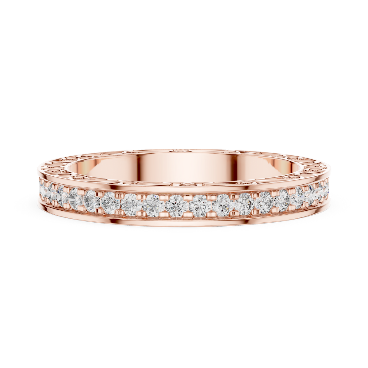 Rose gold round filigree lab grown diamond eternity wedding band, close-up view
