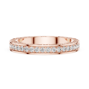 Rose gold round filigree lab grown diamond eternity wedding band, close-up view