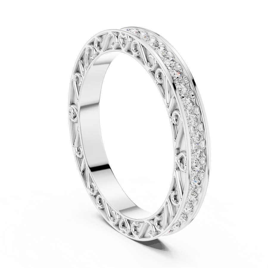 White gold 0.5 CTW round filigree lab grown diamond eternity wedding band, front view
