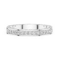 White gold round filigree lab grown diamond eternity wedding band, close-up view