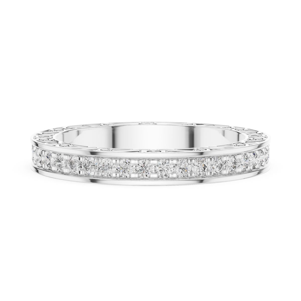 White gold round filigree lab grown diamond eternity wedding band, close-up view
