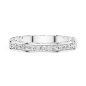 White gold round filigree lab grown diamond eternity wedding band, close-up view