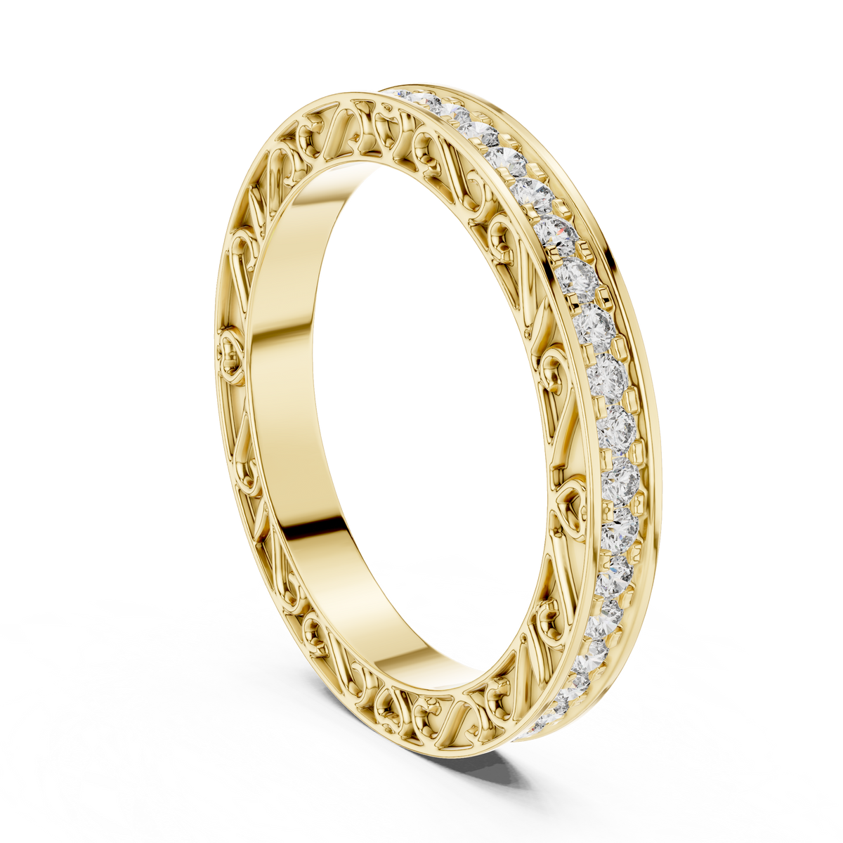 Yellow gold 0.5 CTW round filigree lab grown diamond eternity wedding band, front view