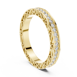 Yellow gold 0.5 CTW round filigree lab grown diamond eternity wedding band, front view