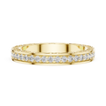 Yellow gold round filigree lab grown diamond eternity wedding band, close-up view