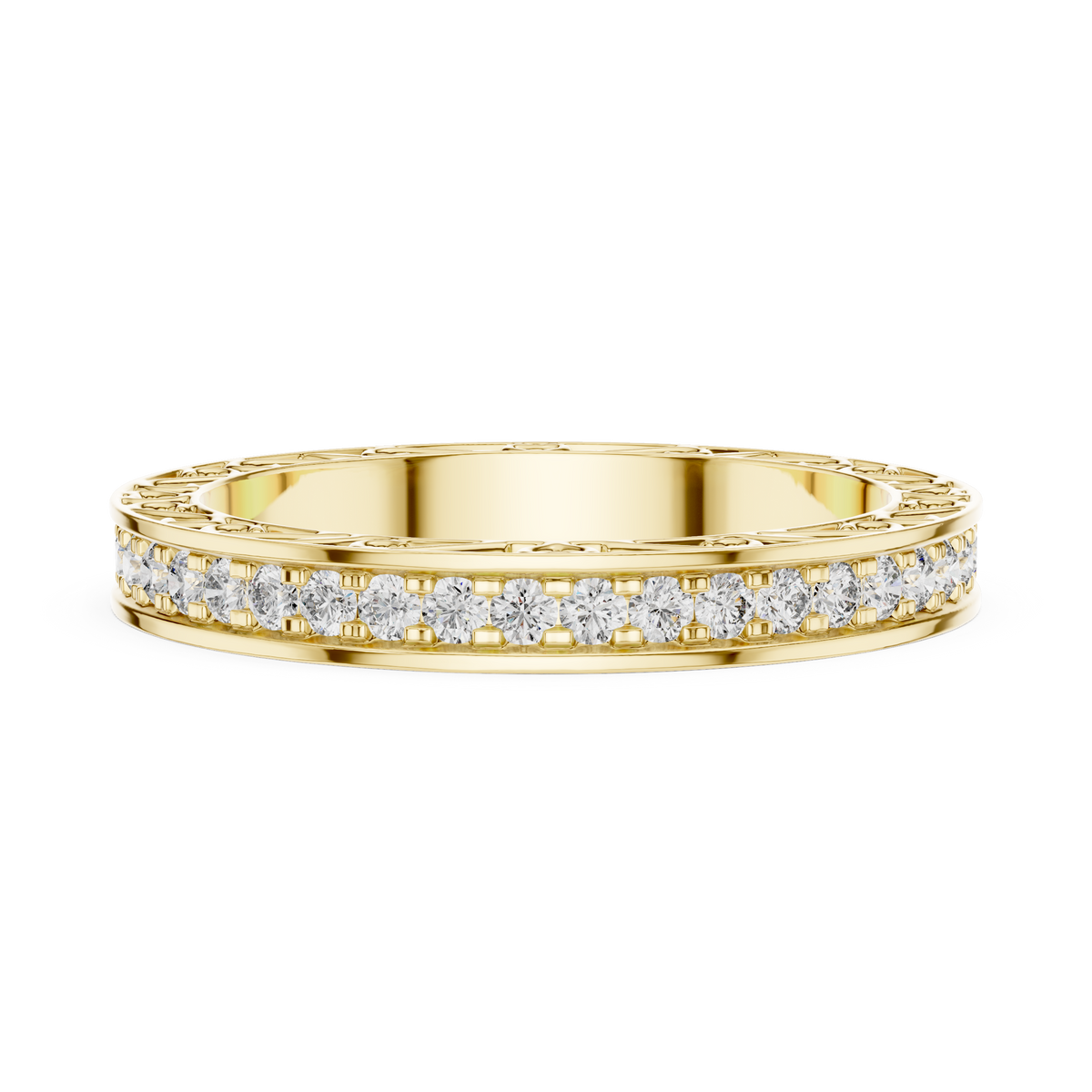 Yellow gold round filigree lab grown diamond eternity wedding band, close-up view