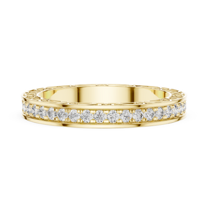 Yellow gold round filigree lab grown diamond eternity wedding band, close-up view