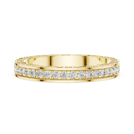Yellow gold round filigree lab grown diamond eternity wedding band, close-up view