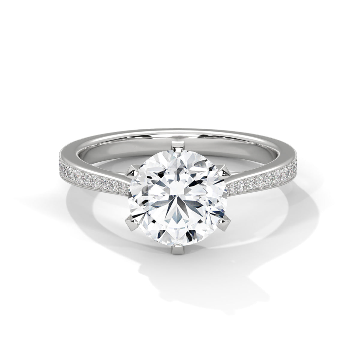 2 Carat Round Cut Lab Created Diamond Six-Prong Pavé Band Engagement Ring – Side View | Luzora Jewels