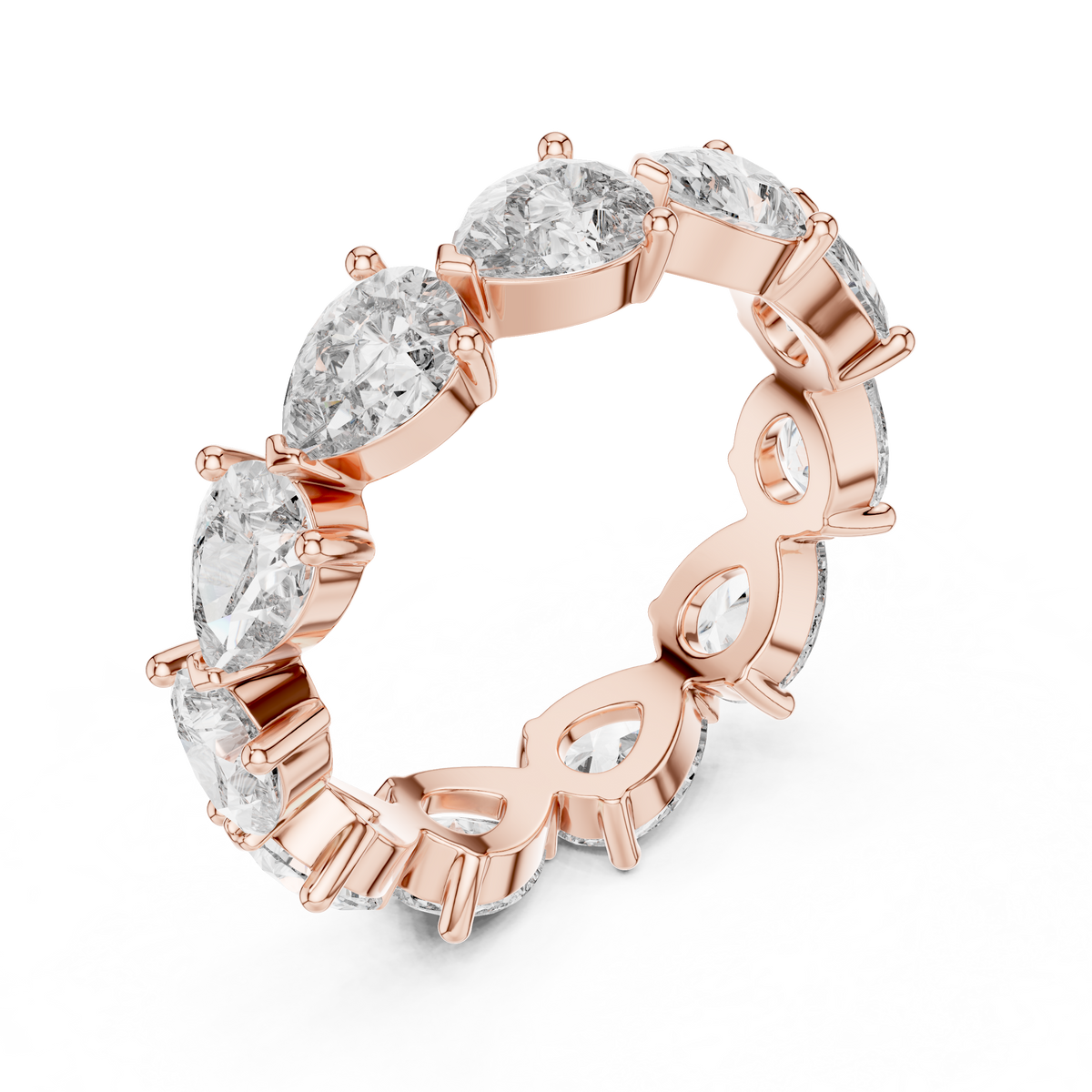 3 CT Pear Cut Lab Grown Diamond Eternity Ring in rose gold — angled view by Luzora Jewels