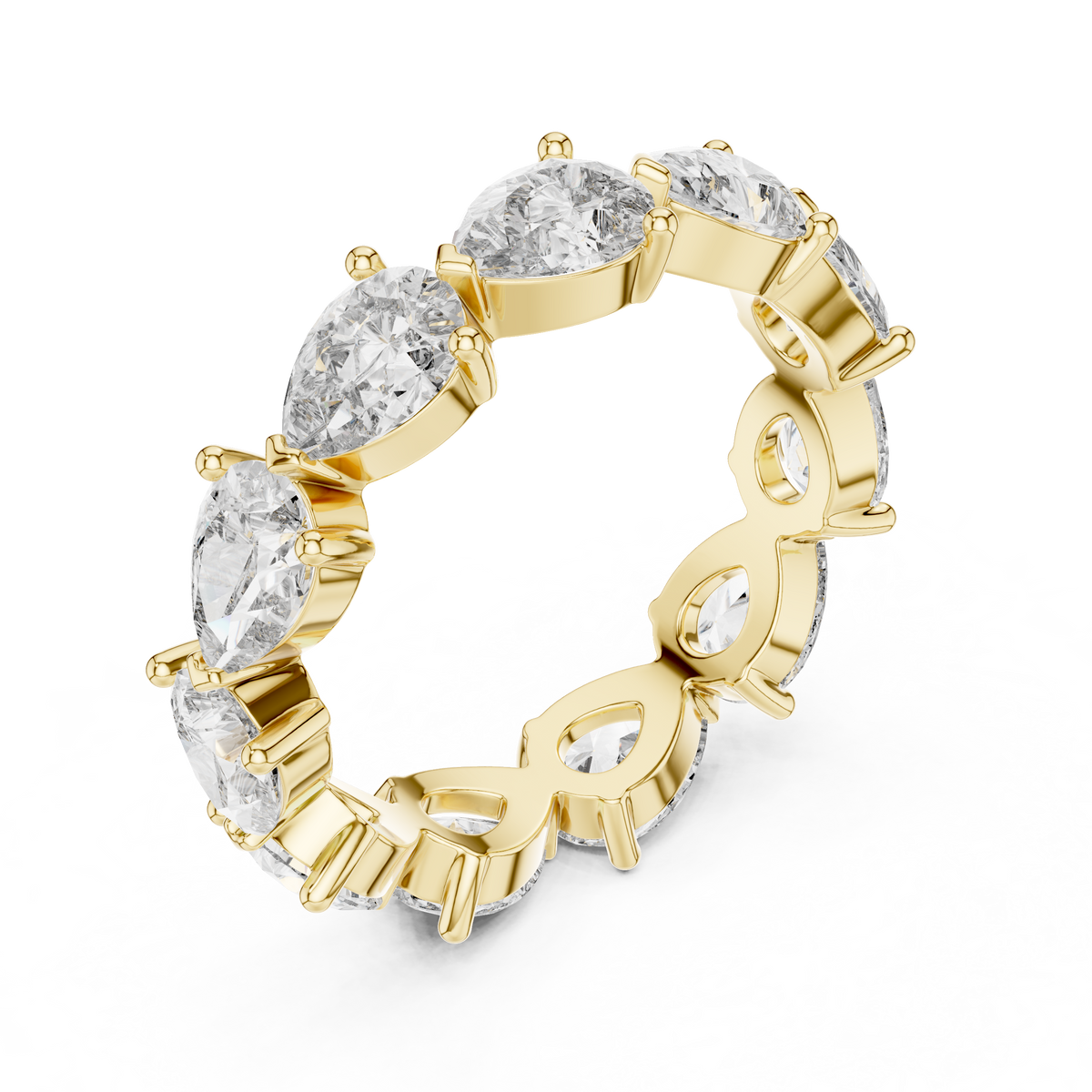 3 CT Pear Cut Lab Grown Diamond Eternity Ring in yellow gold — angled view by Luzora Jewels