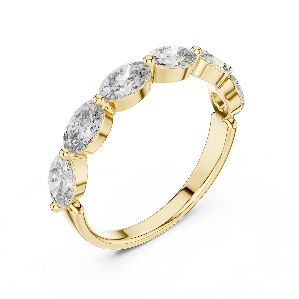 1.5 CT Oval East-West Lab Grown Diamond Wedding Band in yellow gold — angled view by Luzora Jewels