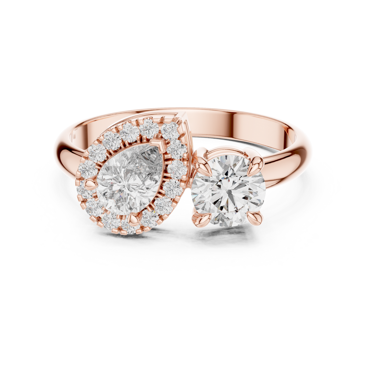 1 CT Toi et Moi Pear & Round Lab Grown Diamond Ring in rose gold — front view by Luzora Jewels