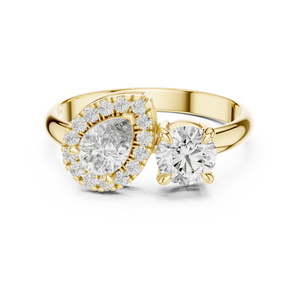 1 CT Toi et Moi Pear & Round Lab Grown Diamond Ring in yellow gold — front view by Luzora Jewels
