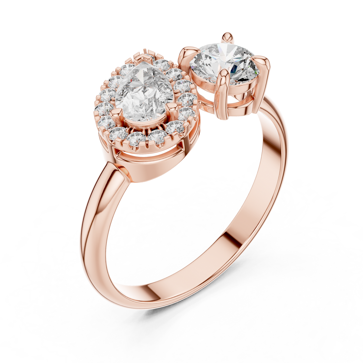1 CT Toi et Moi Pear & Round Lab Grown Diamond Ring in rose gold — angled view by Luzora Jewels