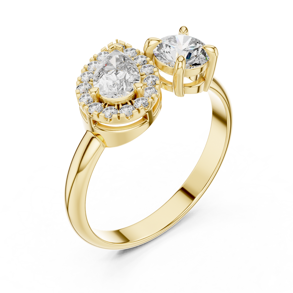 1 CT Toi et Moi Pear & Round Lab Grown Diamond Ring in yellow gold — angled view by Luzora Jewels