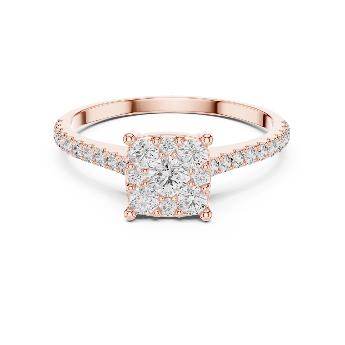 0.6 CT Cushion Cluster Lab Grown Diamond Engagement Ring in rose gold — front view by Luzora Jewels