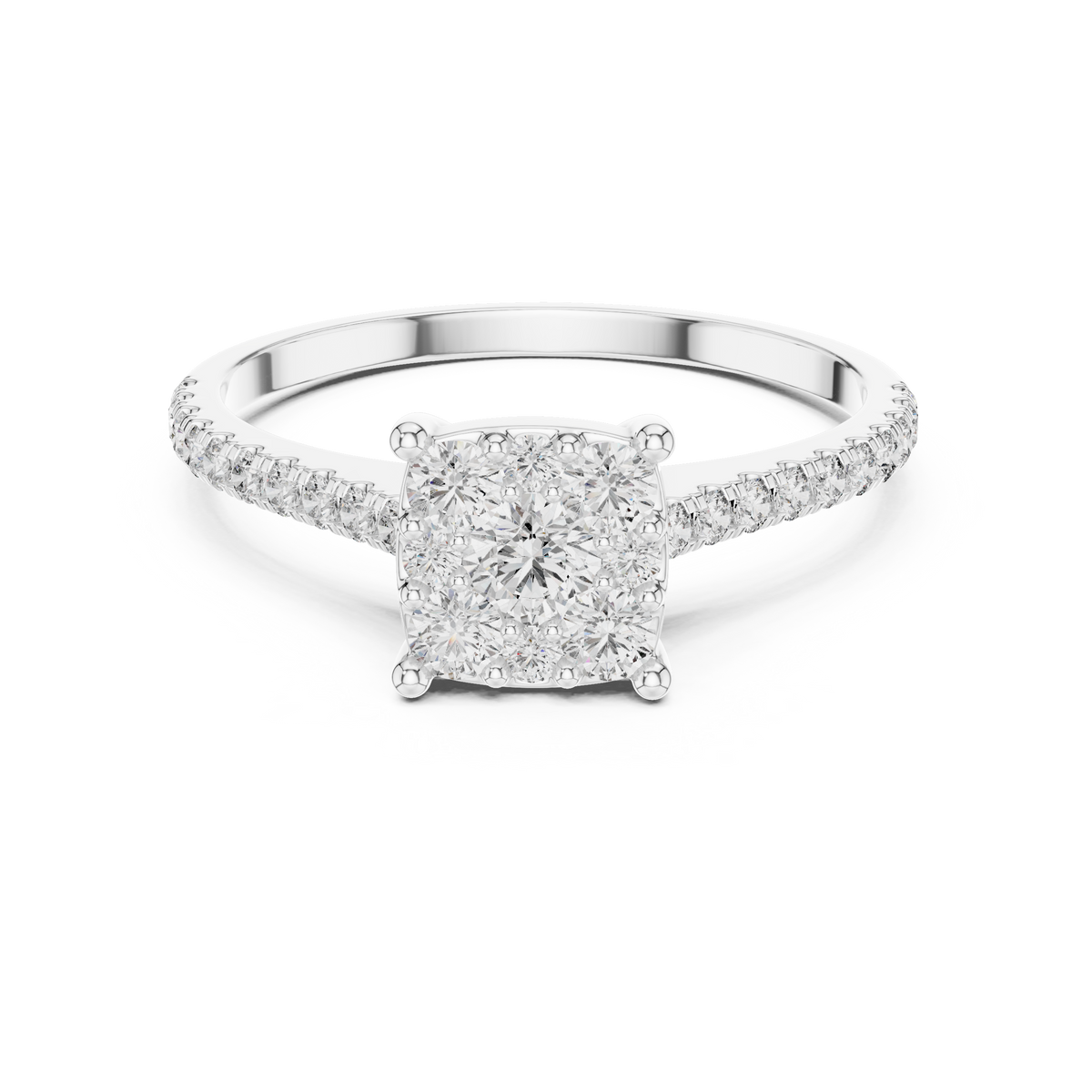 0.6 CT Cushion Cluster Lab Grown Diamond Engagement Ring in white gold — front view by Luzora Jewels