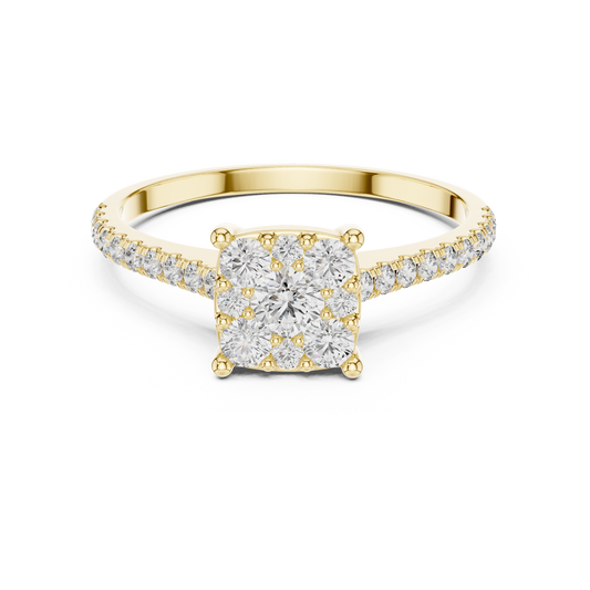 0.6 CT Cushion Cluster Lab Grown Diamond Engagement Ring in yellow gold — front view by Luzora Jewels
