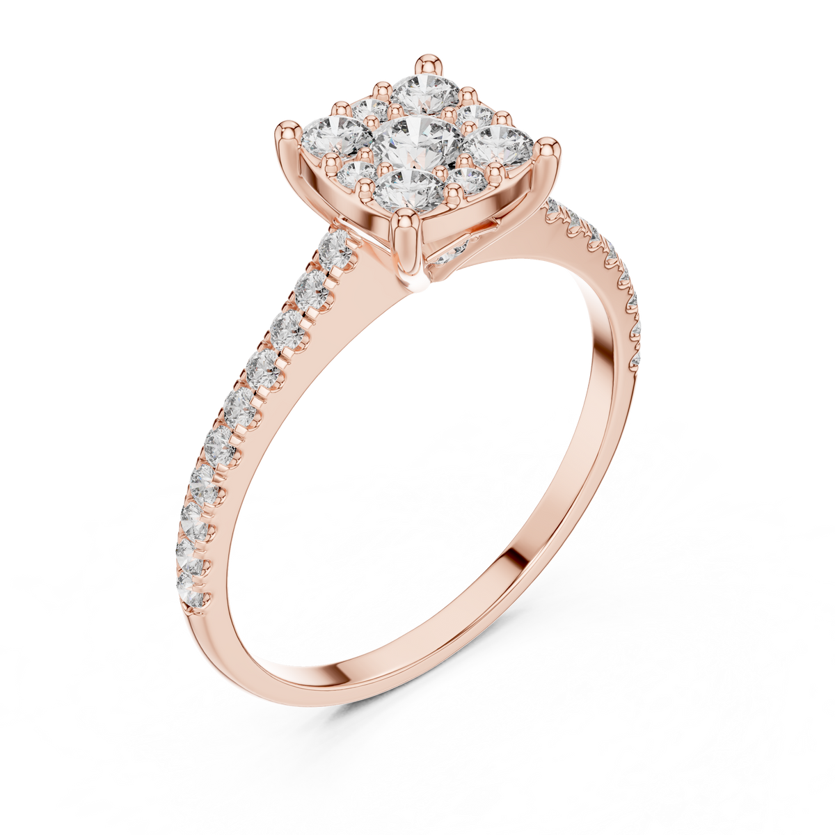 0.6 CT Cushion Cluster Lab Grown Diamond Engagement Ring in rose gold — angled view by Luzora Jewels
