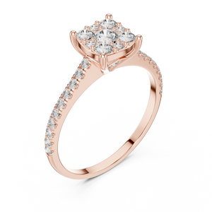 0.6 CT Cushion Cluster Lab Grown Diamond Engagement Ring in rose gold — angled view by Luzora Jewels