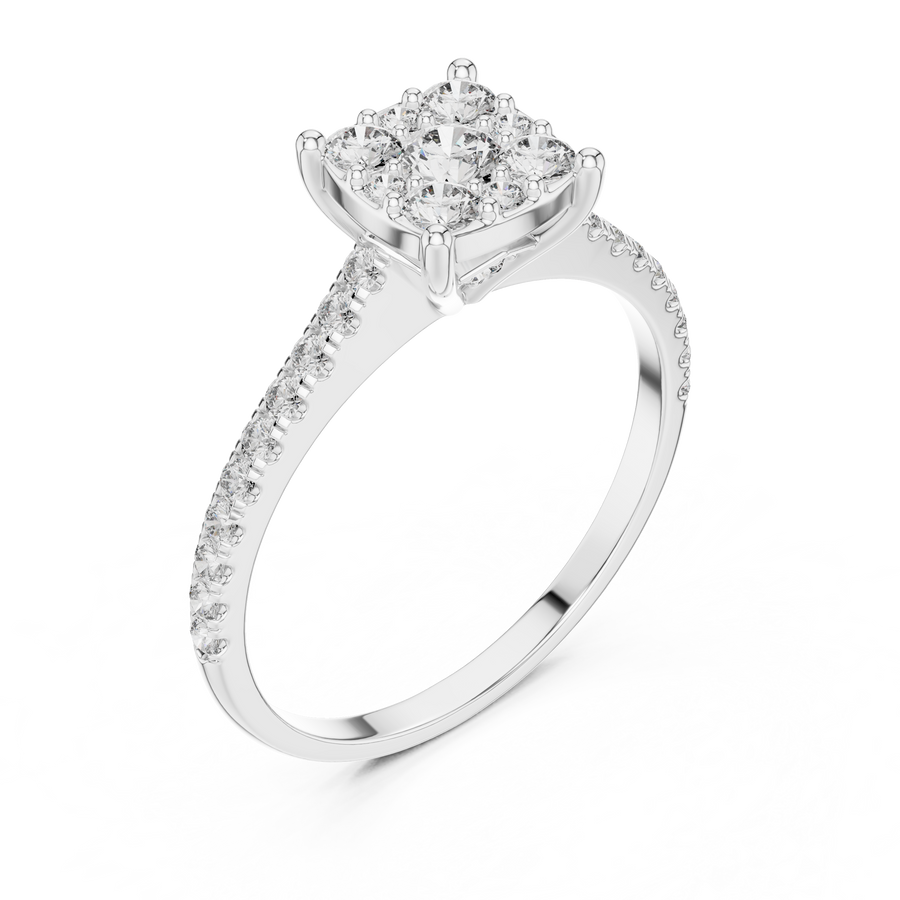 0.6 CT Cushion Cluster Lab Grown Diamond Engagement Ring in white gold — angled view by Luzora Jewels