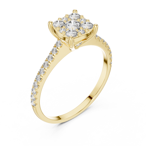 0.6 CT Cushion Cluster Lab Grown Diamond Engagement Ring in yellow gold — angled view by Luzora Jewels