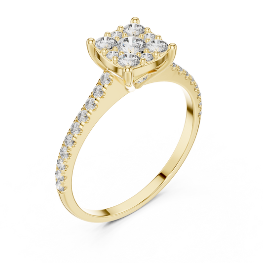 0.6 CT Cushion Cluster Lab Grown Diamond Engagement Ring in yellow gold — angled view by Luzora Jewels