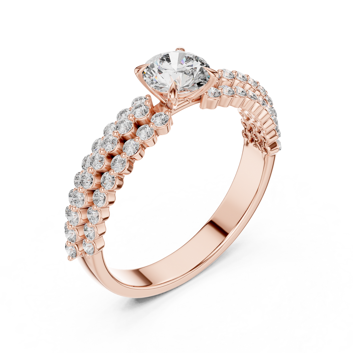 0.5 CT Round Lab Grown Diamond Pave Band Engagement Ring in rose gold — angled view by Luzora Jewels