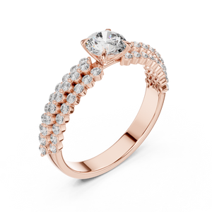 0.5 CT Round Lab Grown Diamond Pave Band Engagement Ring in rose gold — angled view by Luzora Jewels