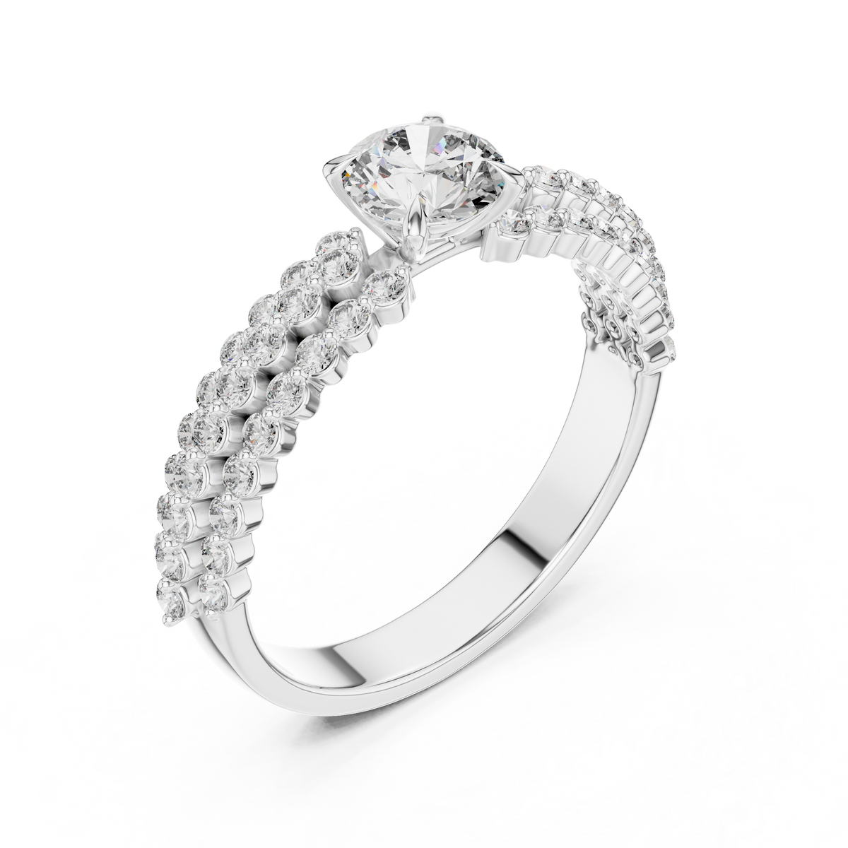 0.5 CT Round Lab Grown Diamond Pave Band Engagement Ring in white gold — angled view by Luzora Jewels