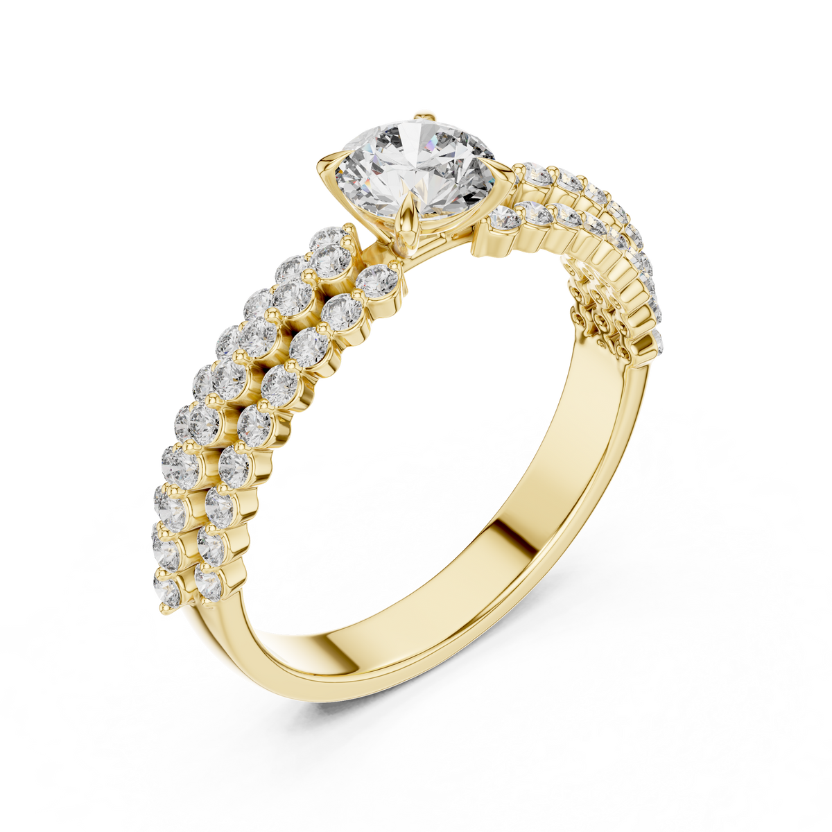 0.5 CT Round Lab Grown Diamond Pave Band Engagement Ring in yellow gold — angled view by Luzora Jewels