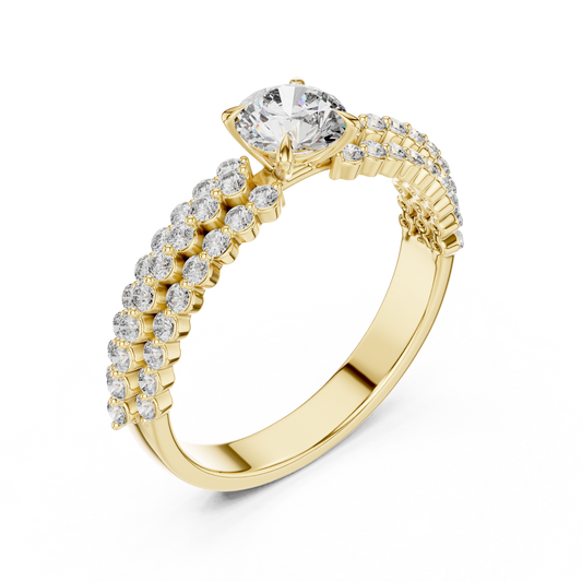 0.5 CT Round Lab Grown Diamond Pave Band Engagement Ring in yellow gold — angled view by Luzora Jewels