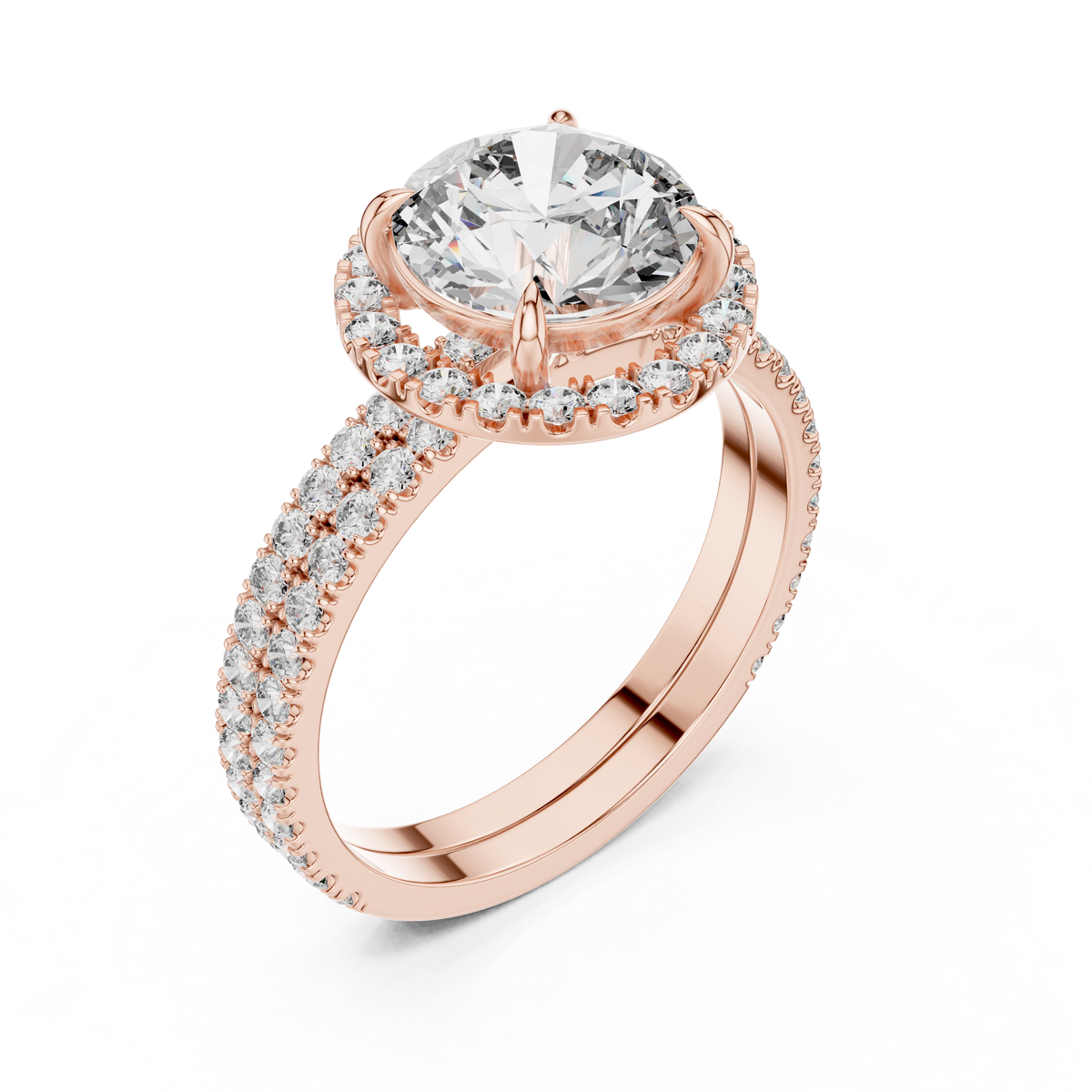 2 CT Round Halo Lab Grown Diamond Engagement Ring in rose gold — angled view by Luzora Jewels