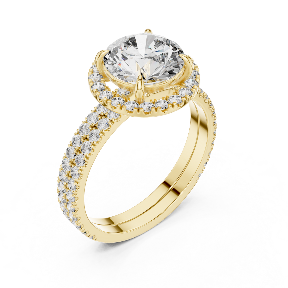 2 CT Round Halo Lab Grown Diamond Engagement Ring in yellow gold — angled view by Luzora Jewels